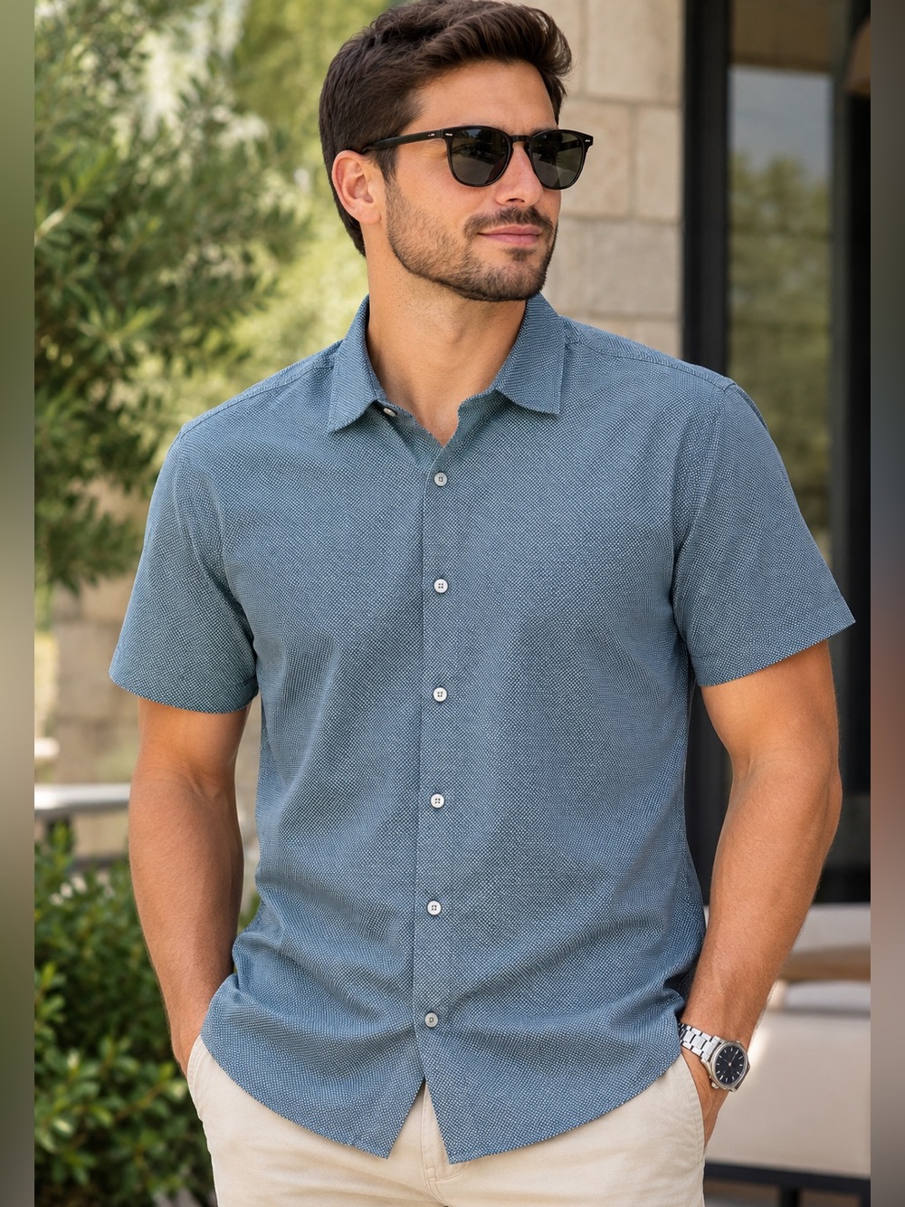 Robert Barakett Slate Blue Short-Sleeve Button Shirt
